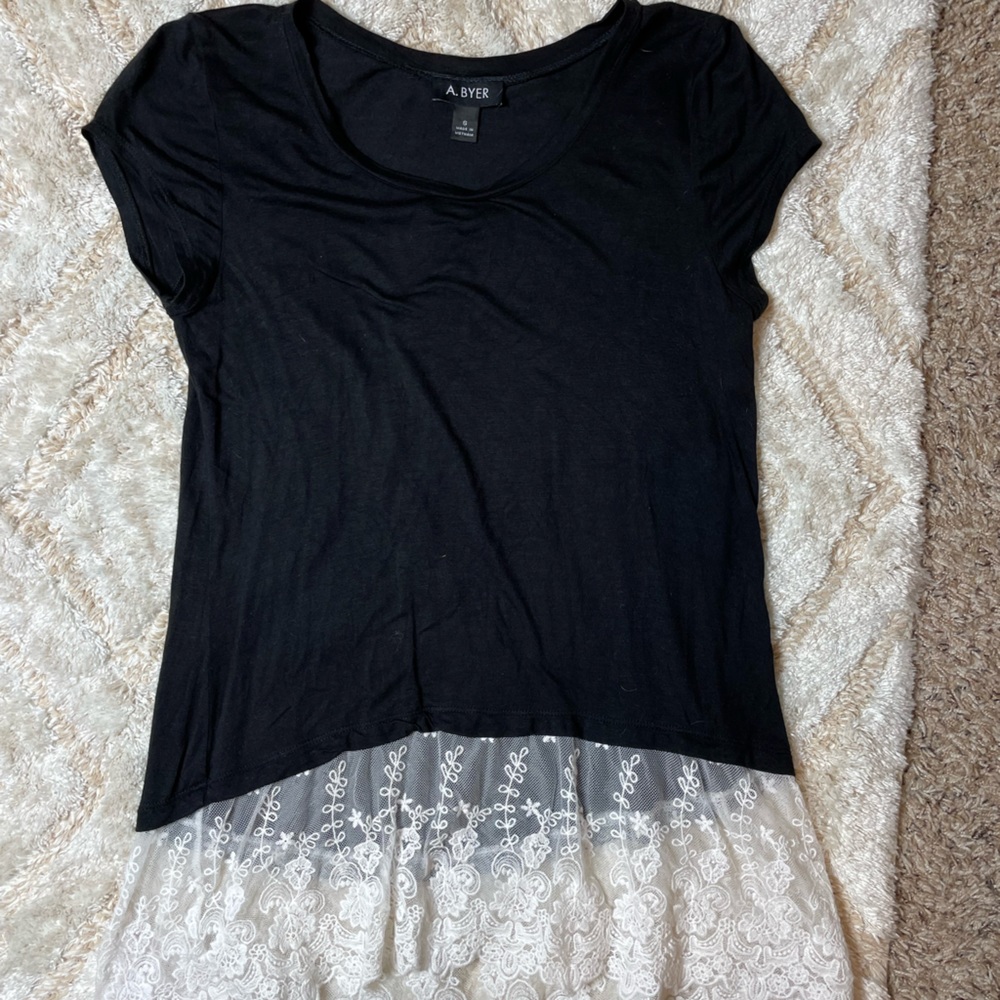 A. Byer Black Tshirt Top with Lace Bottom Detail